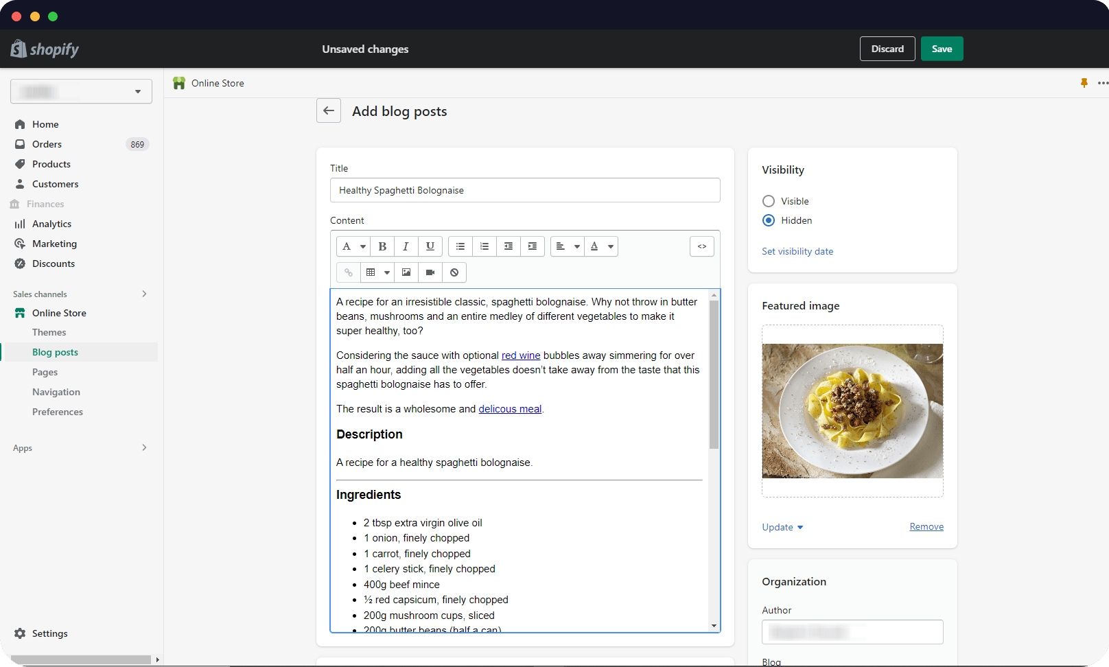 adding recipes to shopify blog