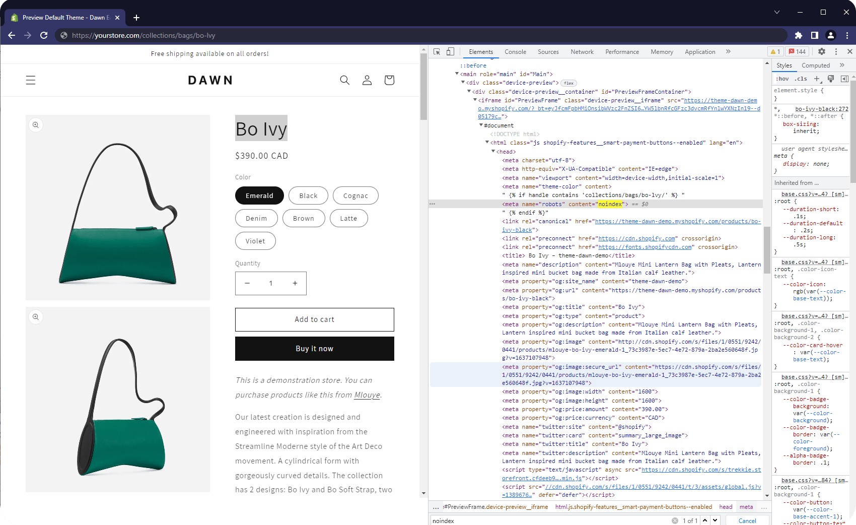 how to noindex a page in shopify