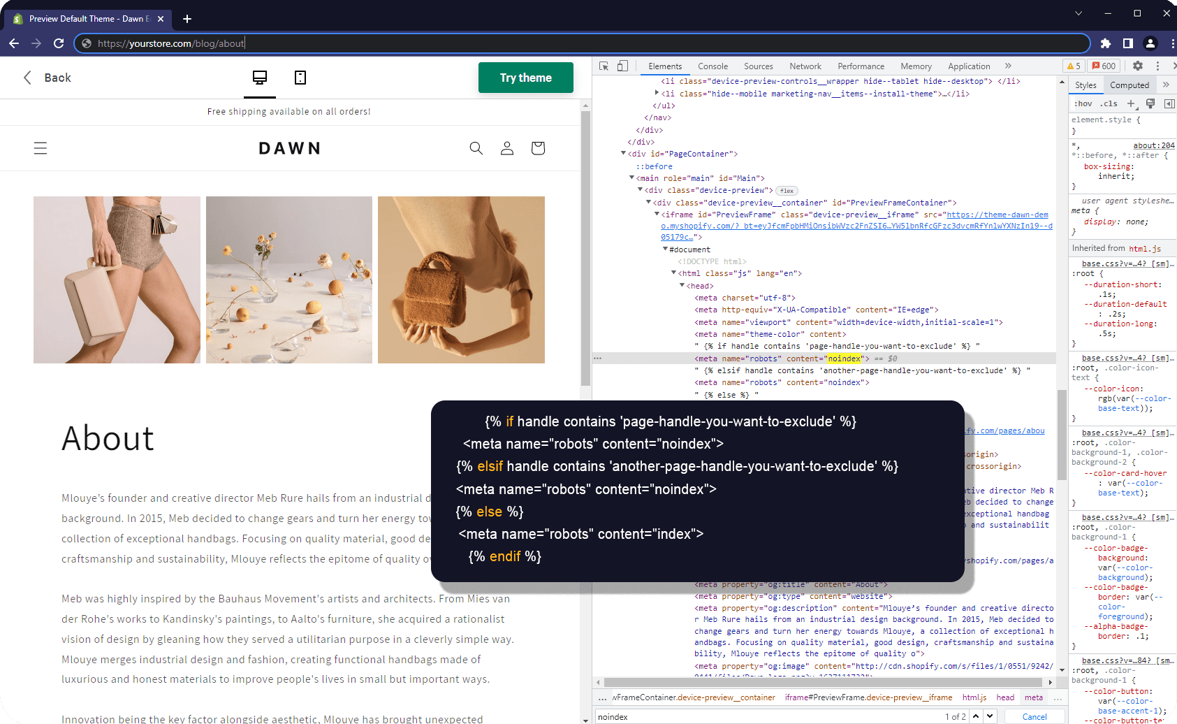 shopify noindex tags